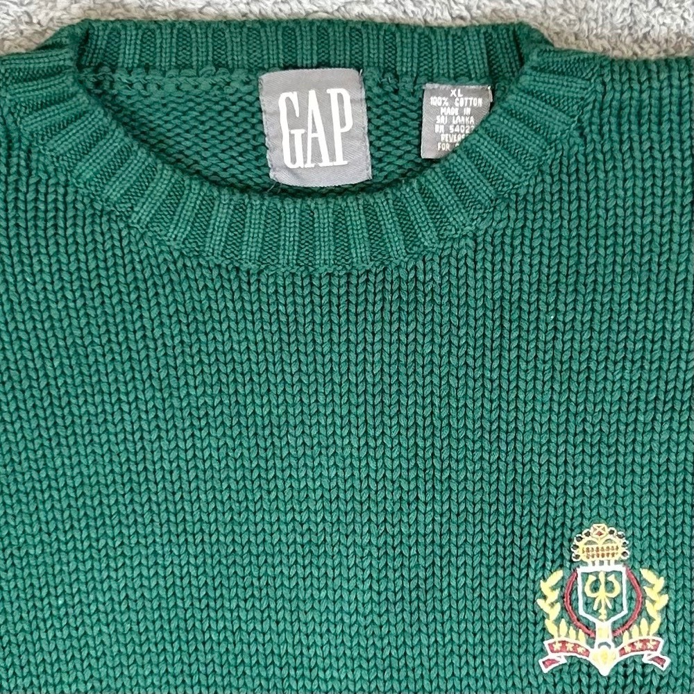 Gap Mens XL Green Cotton Shaker Knit Crewneck Sweater Embroidered Crest Vintage